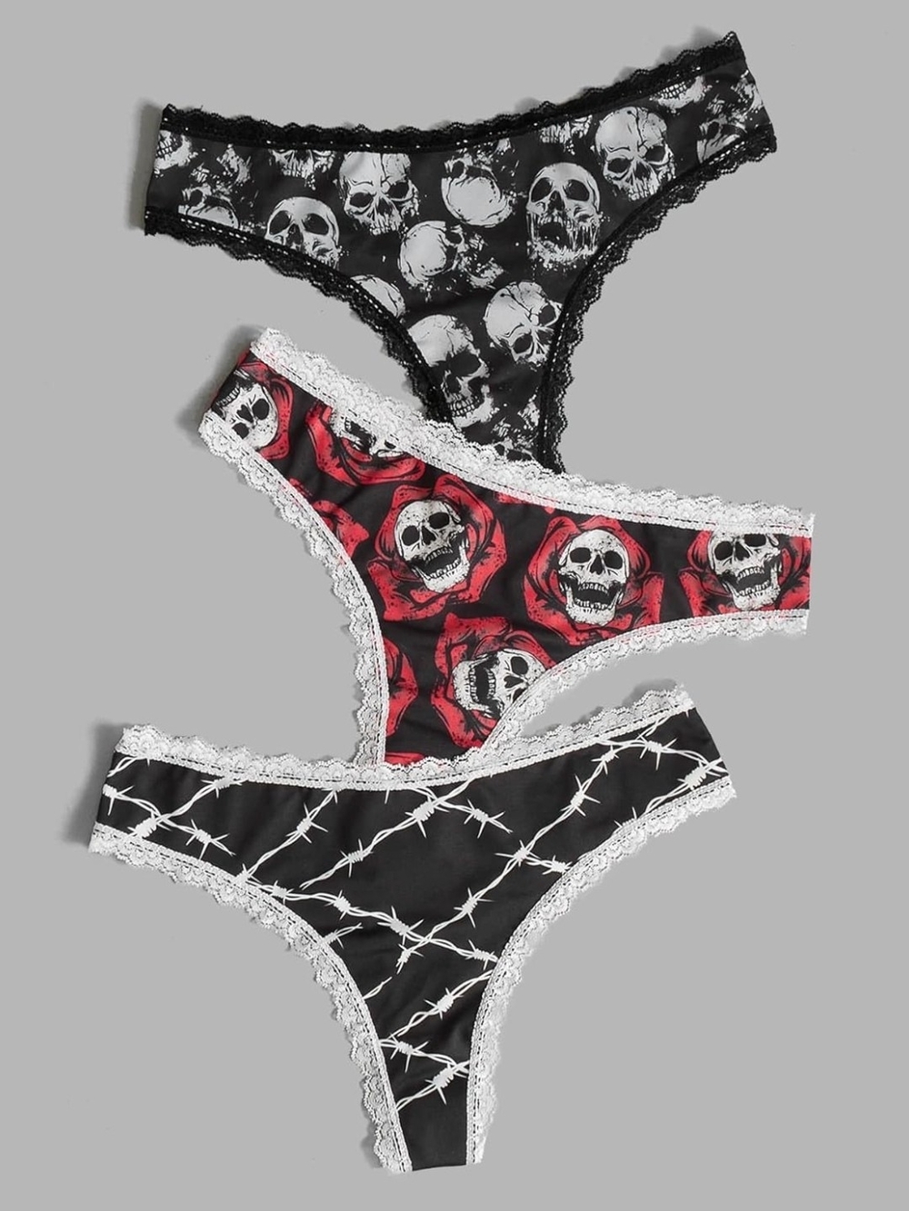 Skull Print Lace-Trim Thong Panty - Black & Red (3-Pack)